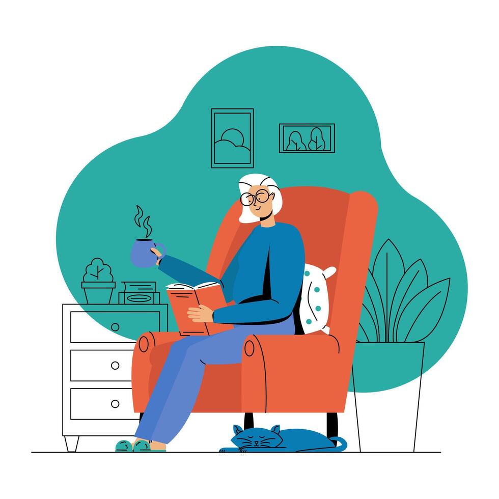 Old female sitting on armchair, holding book, reading and drinking hot tea vector