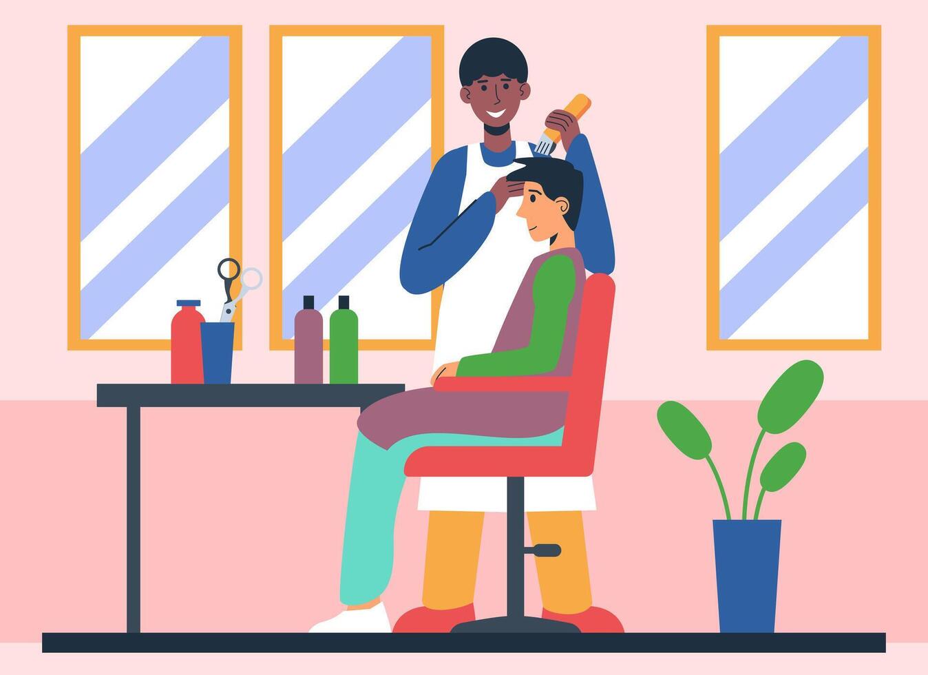 Barber holding clipper and doing hairstyle to man. Hairdressers cut hair for visitors vector