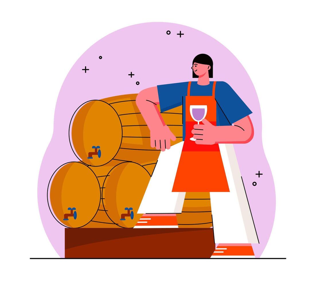 Woman standing near barrels of wine, holding glass with drink and testing finished product vector