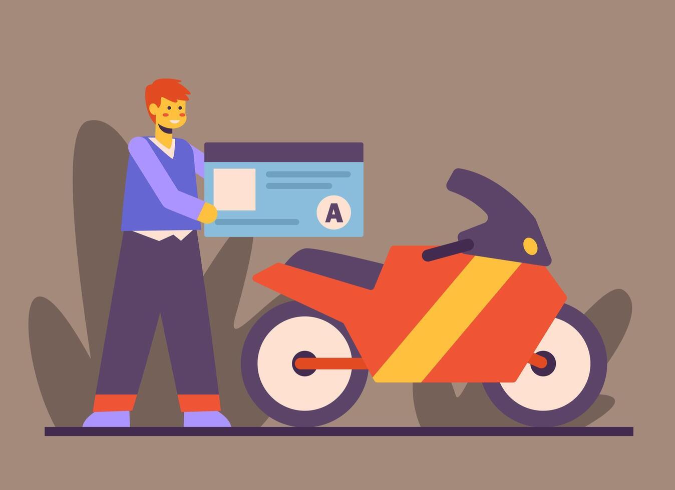 Young man gets motorcycle license, ready to drive. Passing driving test concept vector