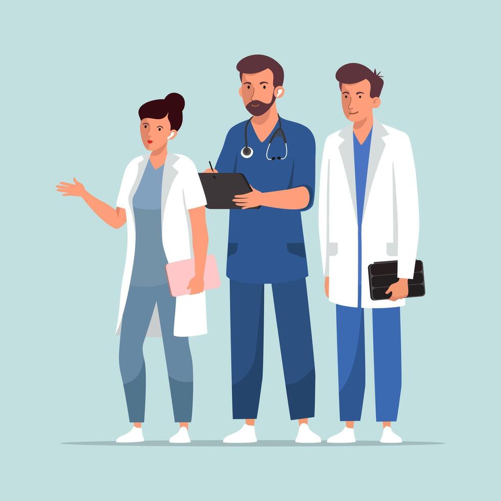 Male doctors holding tablets, female talking to patient. Online medical advice vector