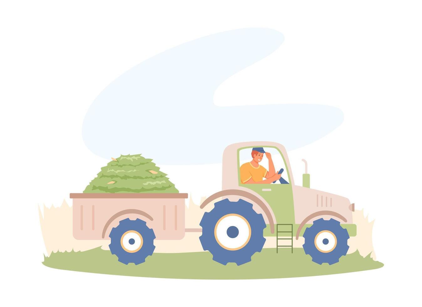 Young smiling male riding tractor and transports cargo in trailer vector