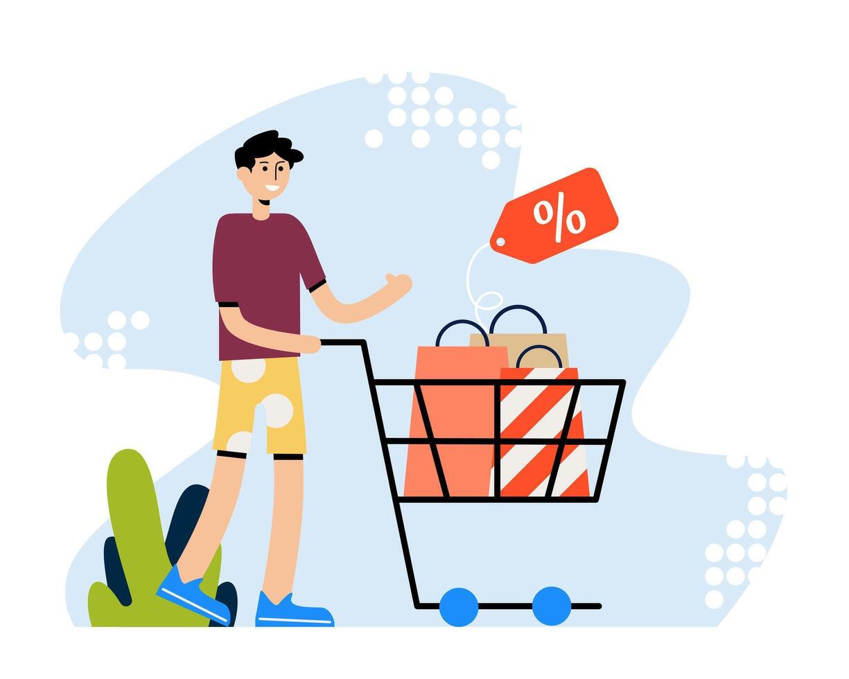 Man carry cart full of shopping bags. Happy shopping vector