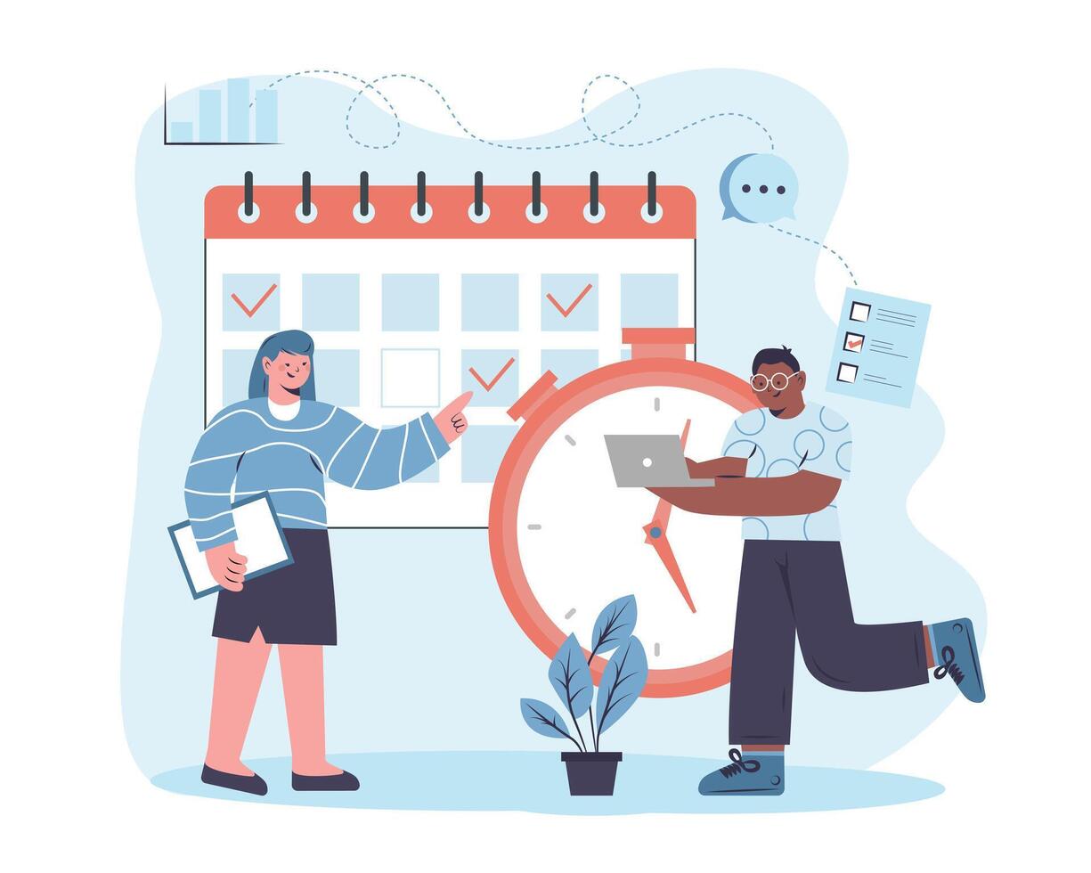 Woman and male planning work day on calendar. Wise timing concept vector