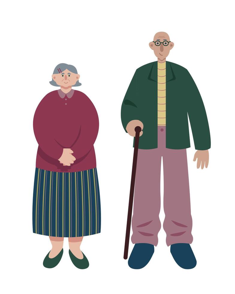 Senior people standing together and smiling, male with cane vector