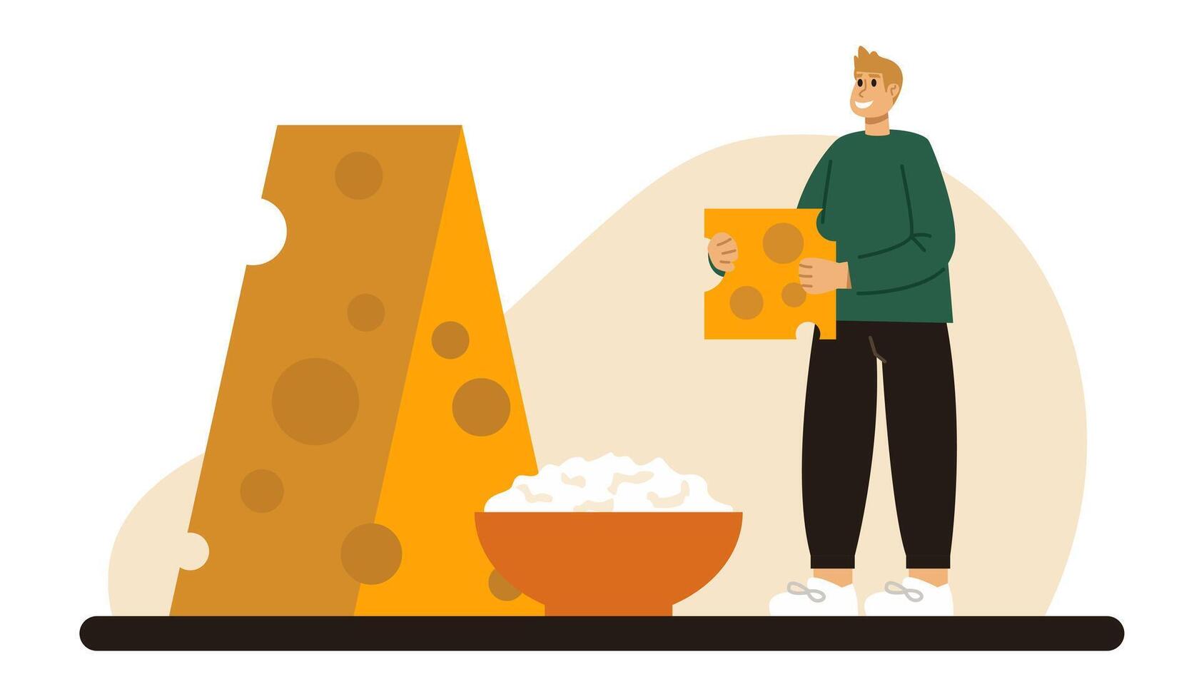 Young man holding piece of cheese, standing near plate with cottage cheese vector