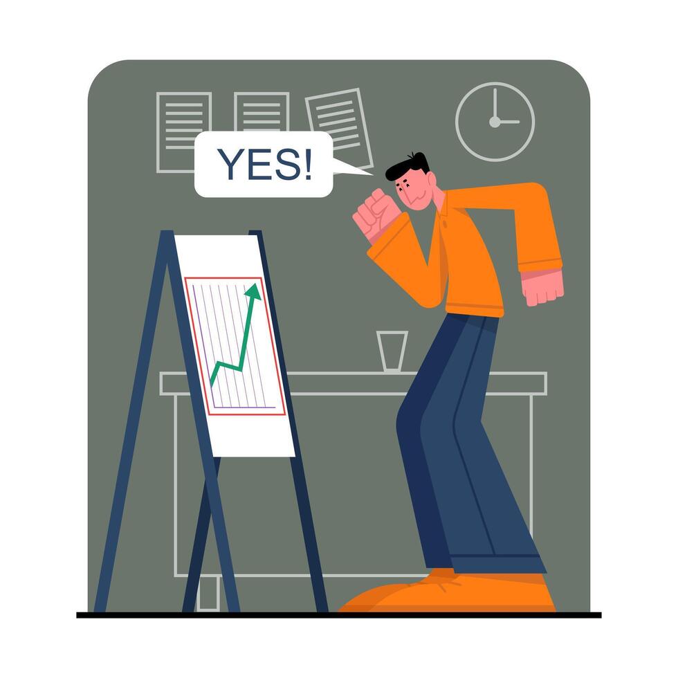 Man standing near board with chart and happy for successful grow vector