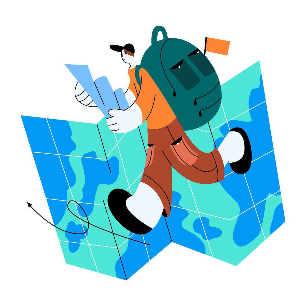 Tourist walking with map, looking for right weight. Travel and tourism concept vector