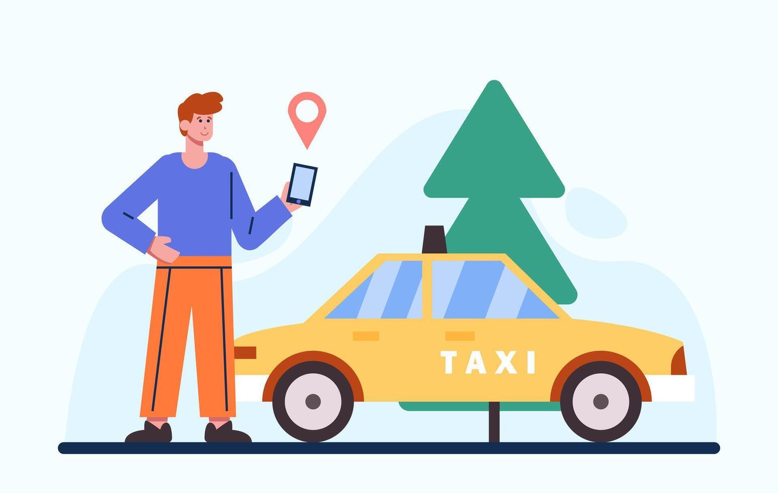 Male holding mobile phone and ordering taxi. Taxi on way to client vector