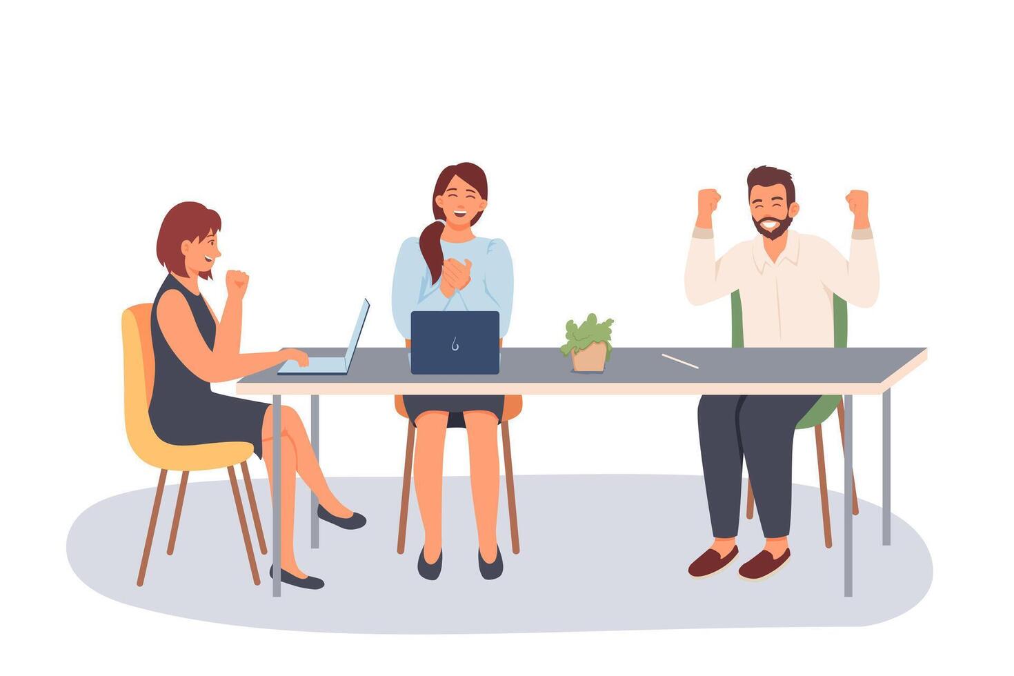 Females and male sitting at table and working together vector