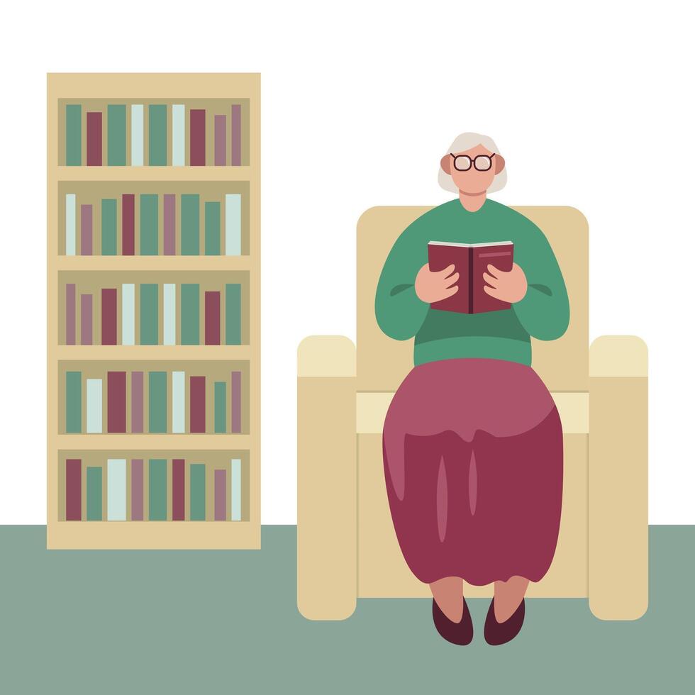 Woman sitting on armchair in apartment and reading book vector