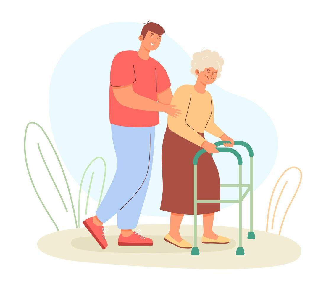 Man helping old lady to walk with walker. Care of elderly people concept vector