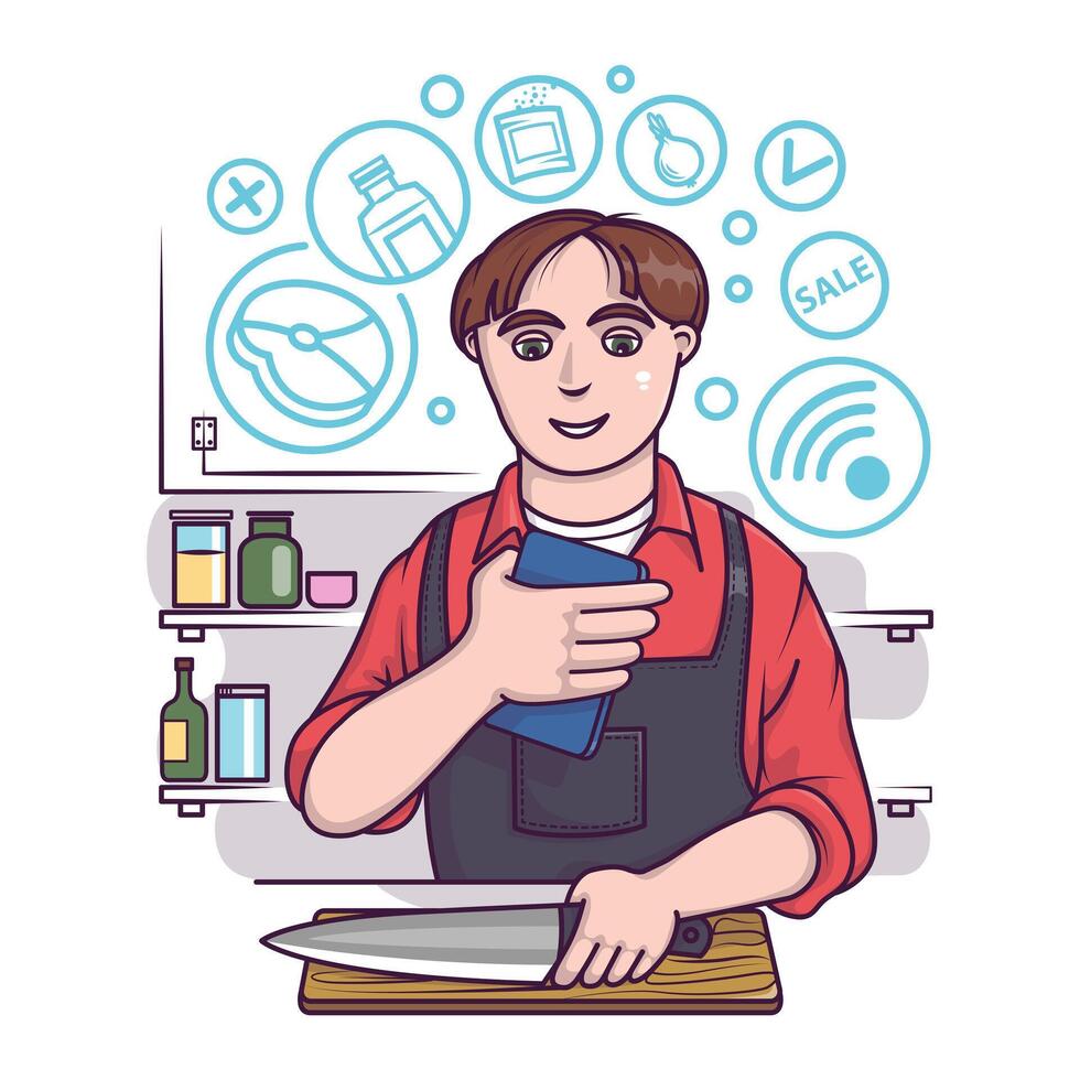 Young man in apron select food in web store. Online shoppers ordering goods vector