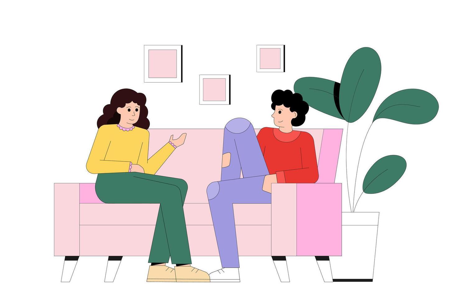 Young man and female sitting on sofa and talking. Friends spending time at home vector