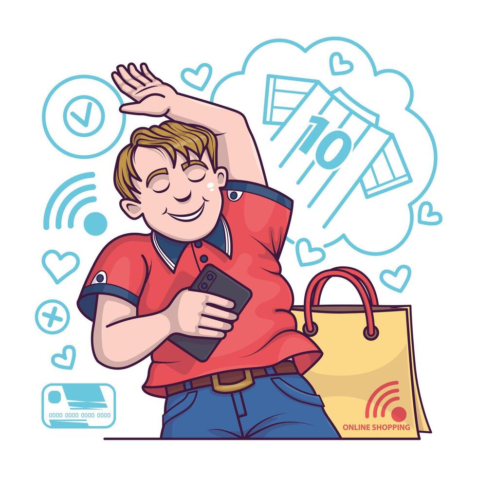 Cartoon character holding smartphones and buying sport product vector