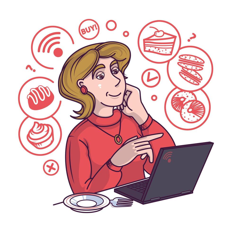 mujer mirando a ordenador portátil pantalla y ordenando postre. en línea compradores ordenando bienes vector