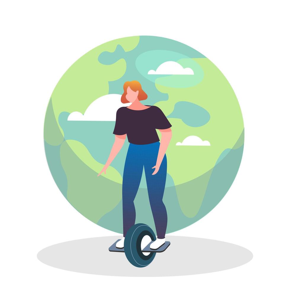 Young active lady on unicycle with green planet on background vector