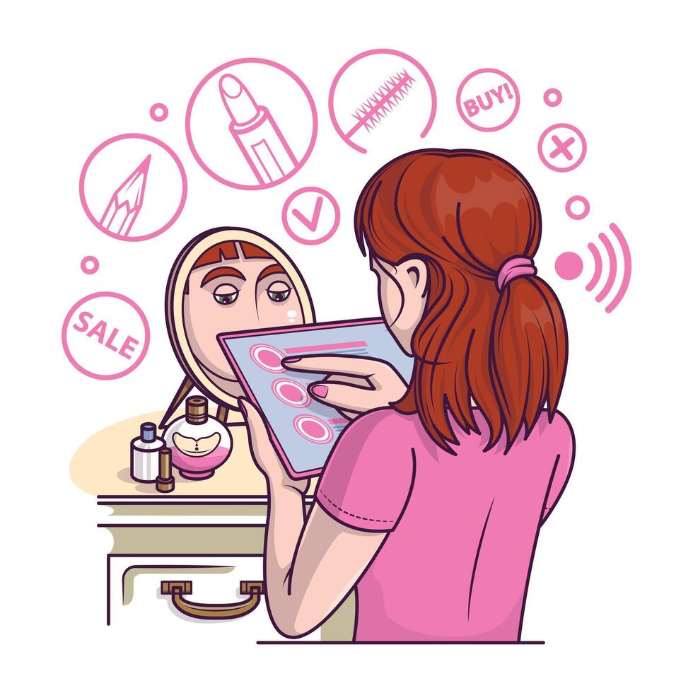 Woman doing make up and select cosmetic products. Online shoppers ordering goods vector