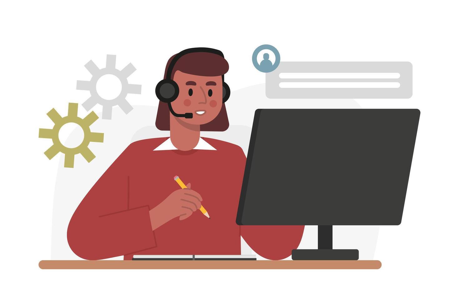 Female in headphones sitting near computer and talking with costumer vector