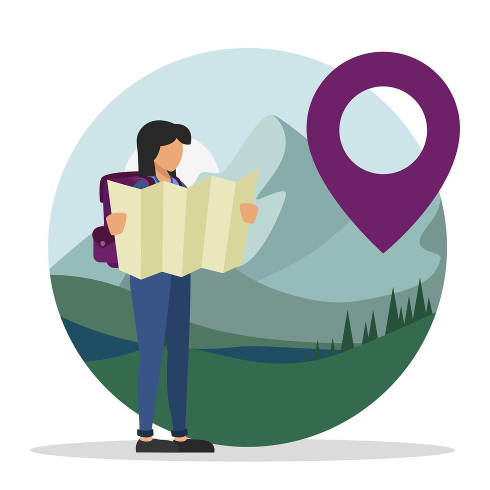 Young female holding map and looking for right way. Concept of active recreation vector