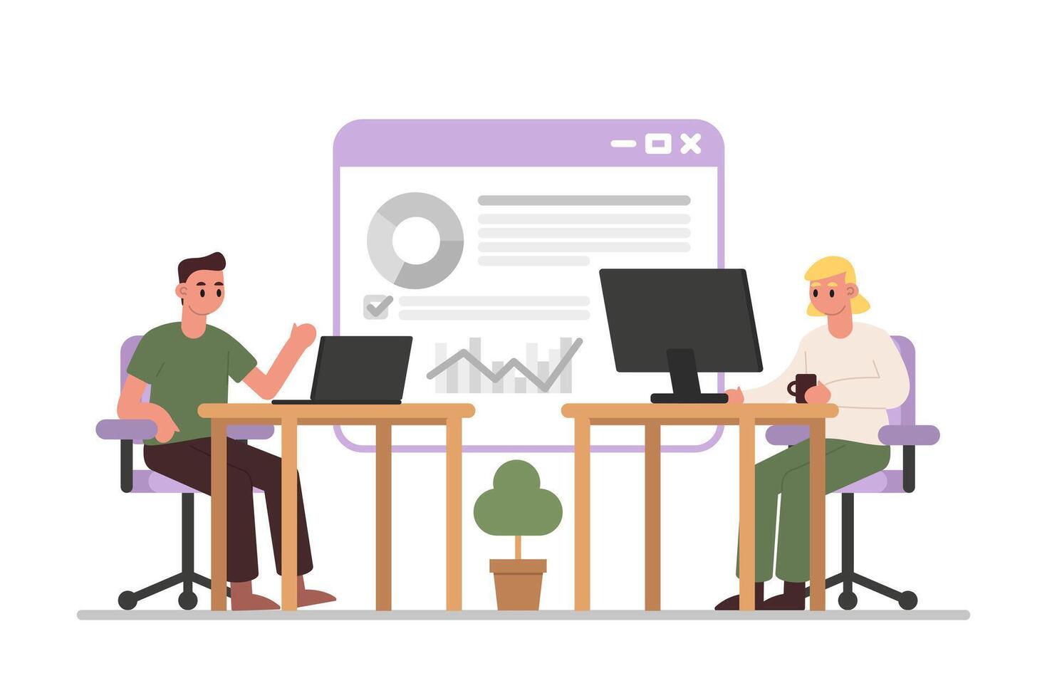 mujer trabajando en computadora, hombre mirando a computadora portátil, haciendo presentación y diagrama vector