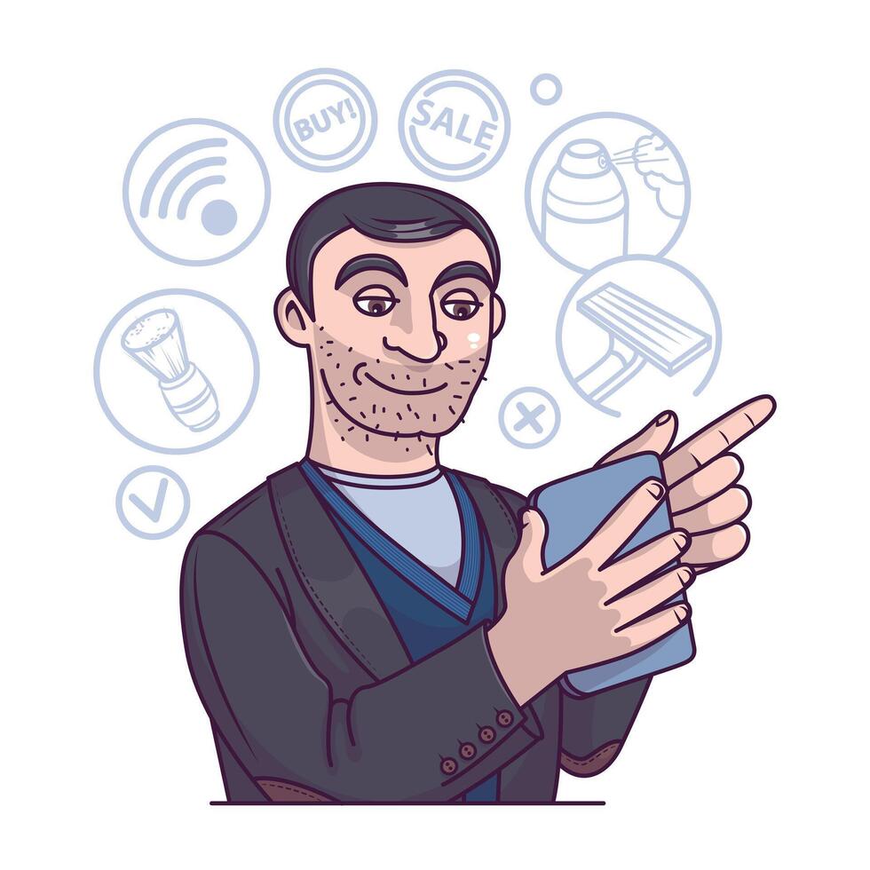 Man choosing shave products. Online shoppers ordering goods vector