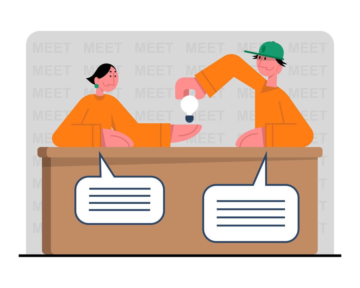 Man in uniform share idea with woman at work. Meet at work vector