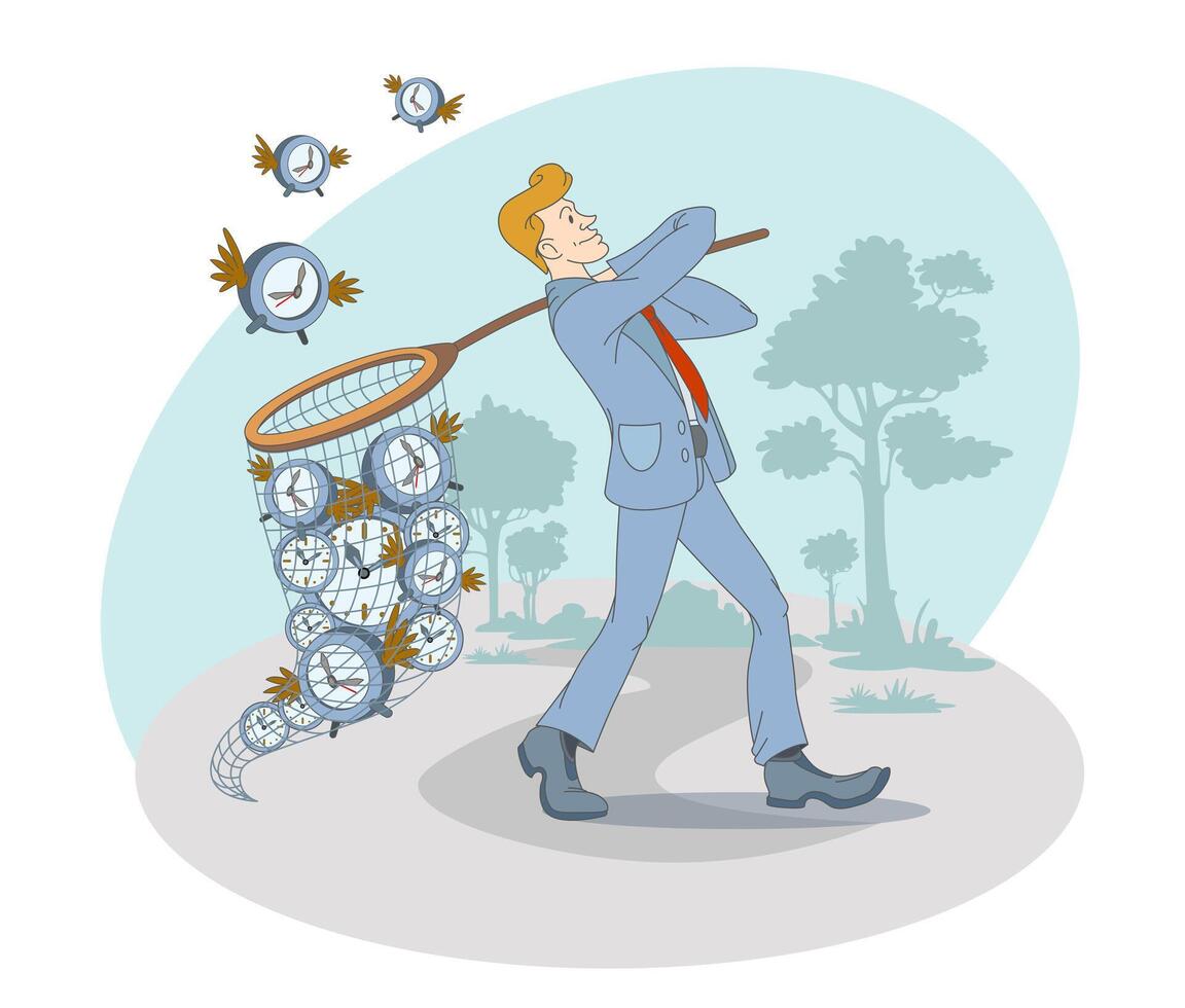 Man walking with net full of watches. Business time organization and management concept vector