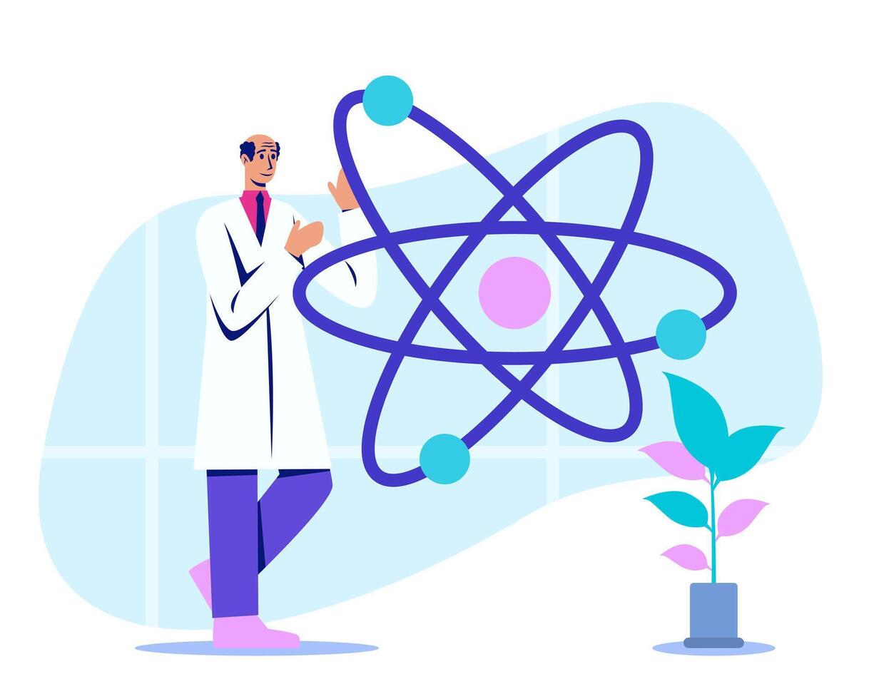 Adult male in white coat standing near scientific symbol and making presentation vector