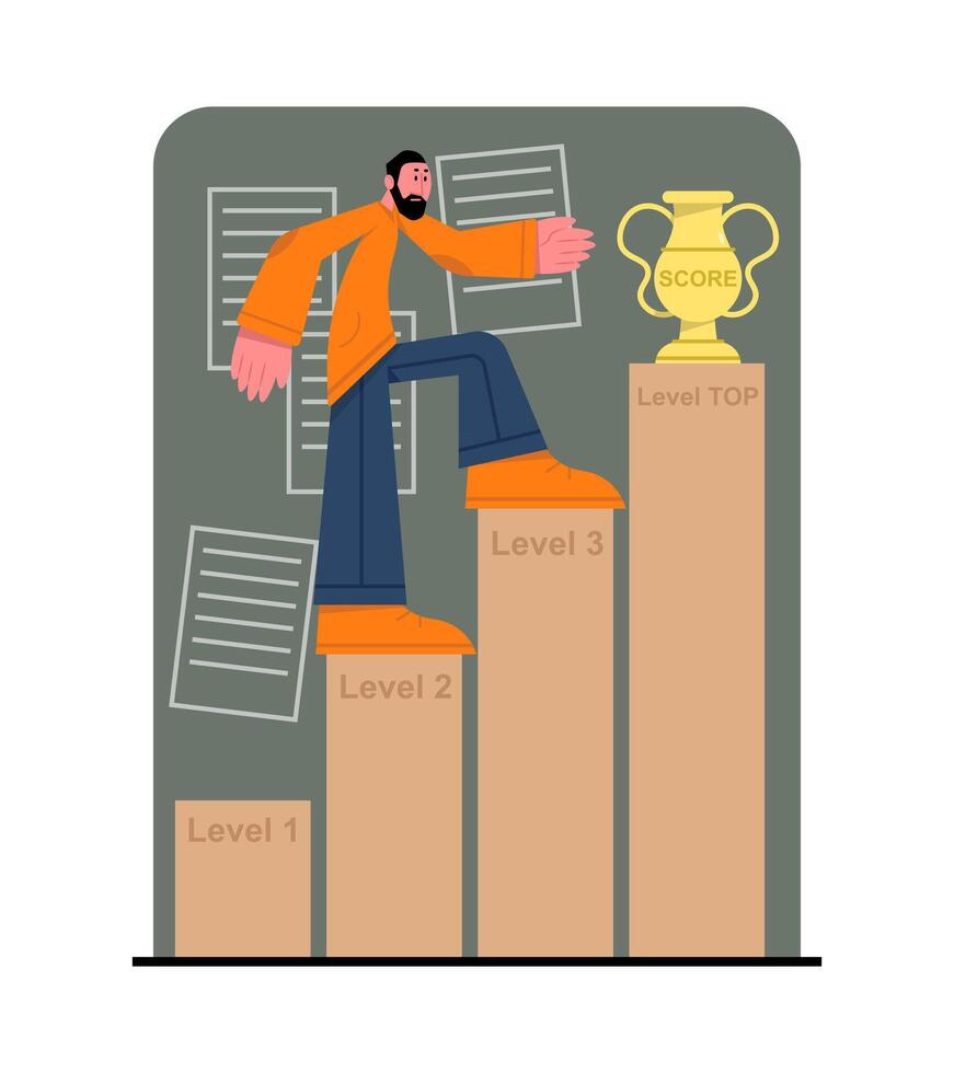 Young man rising up by stairs reaching goals. Handsome employees move