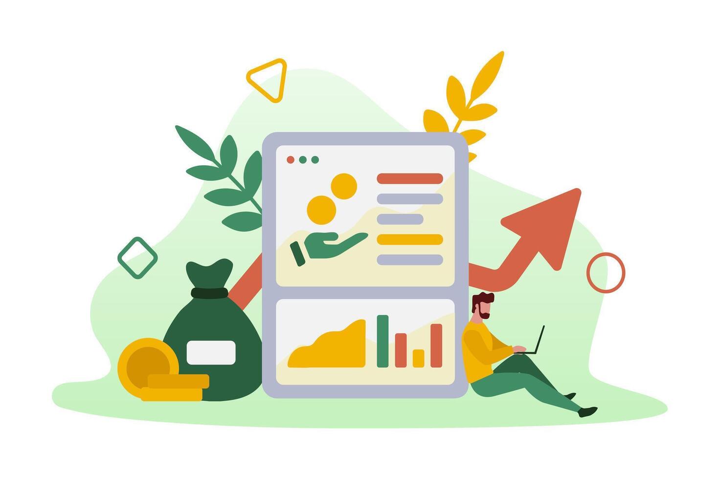 Male checking bank account, working on laptop. Concept of secure mobile banking services vector