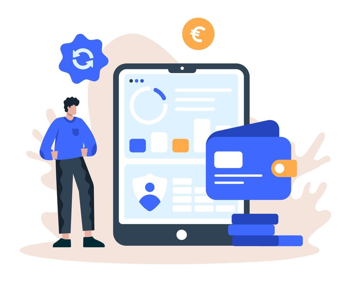 Male standing near tablet, using online wallet. Payments for purchases and services vector