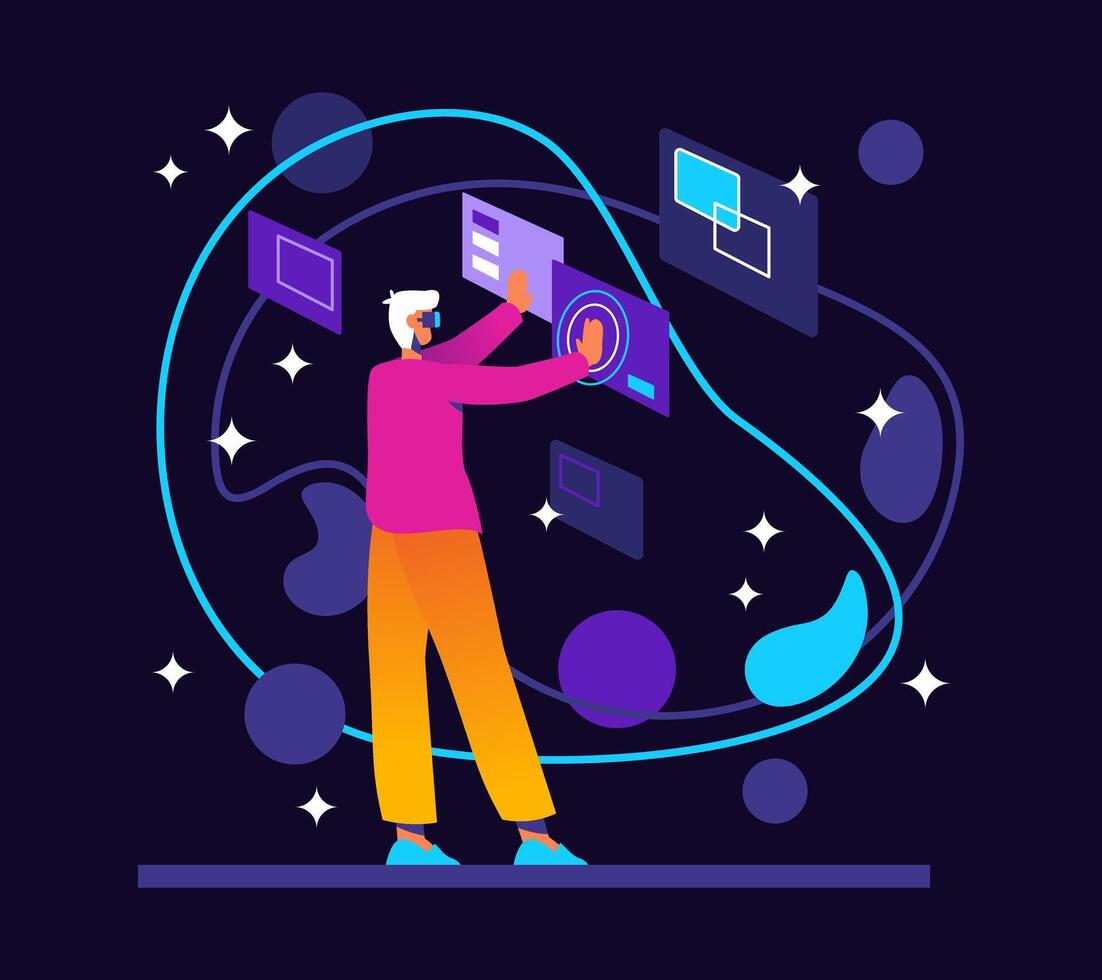 Male working with program in VR glasses. Virtual reality, modern technologies vector