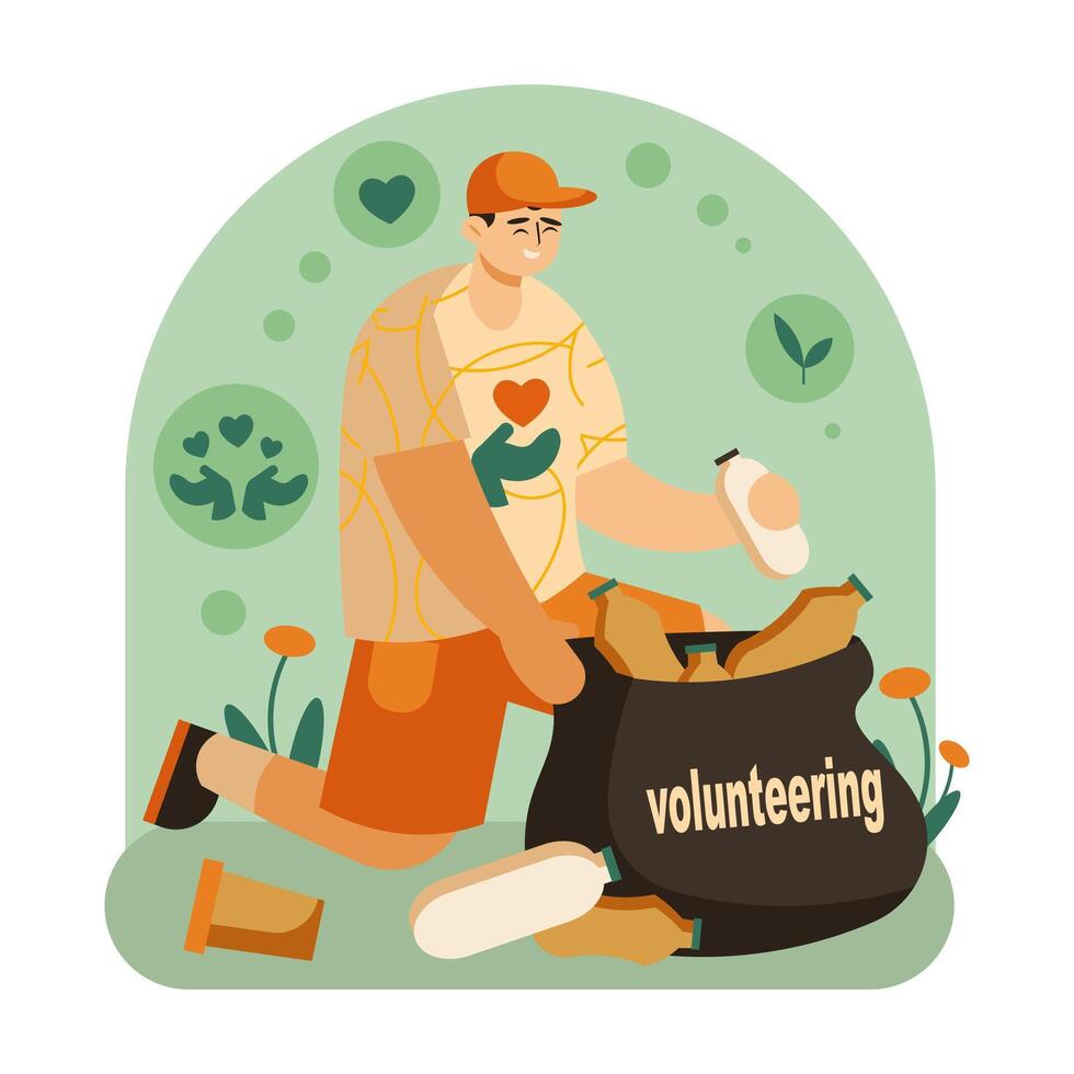Male take bottles, cleaning territory. Help and care of environment vector