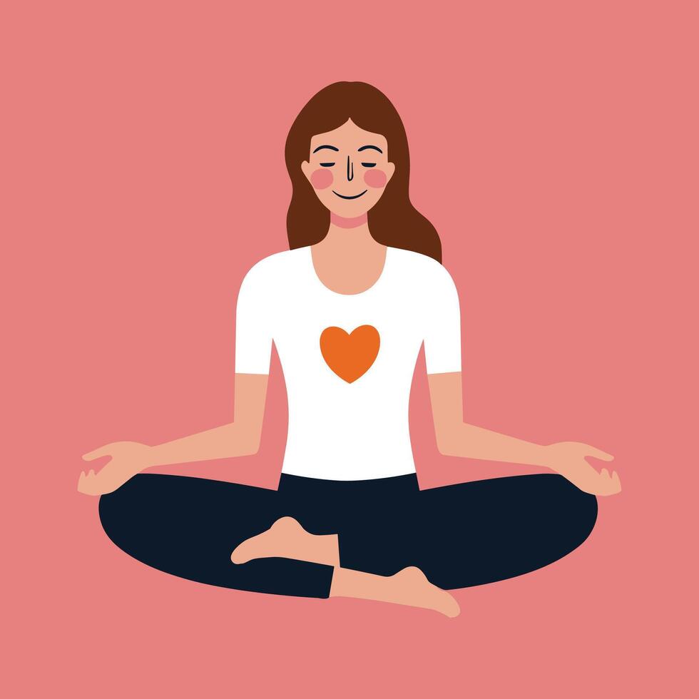 a woman in a white shirt and a heart on her chest is sitting in a lotus position vector