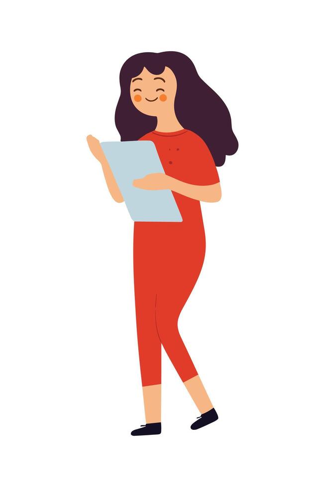 a woman in red holding a piece of paper vector