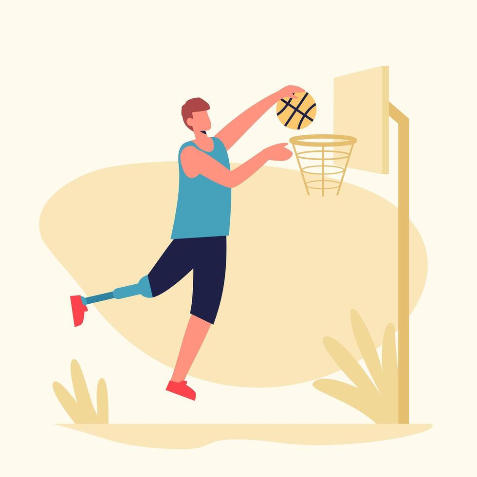 masculino con protésico pierna jugando baloncesto. hombre con especial necesidades activamente gasto hora vector