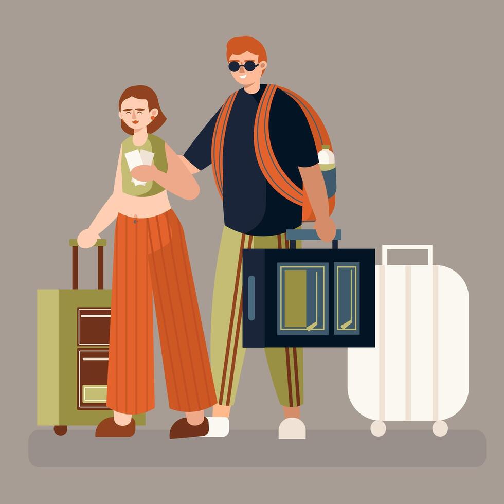 mujer y masculino con equipaje esperando a tablero avión. joven Pareja con carretilla pantalones vector