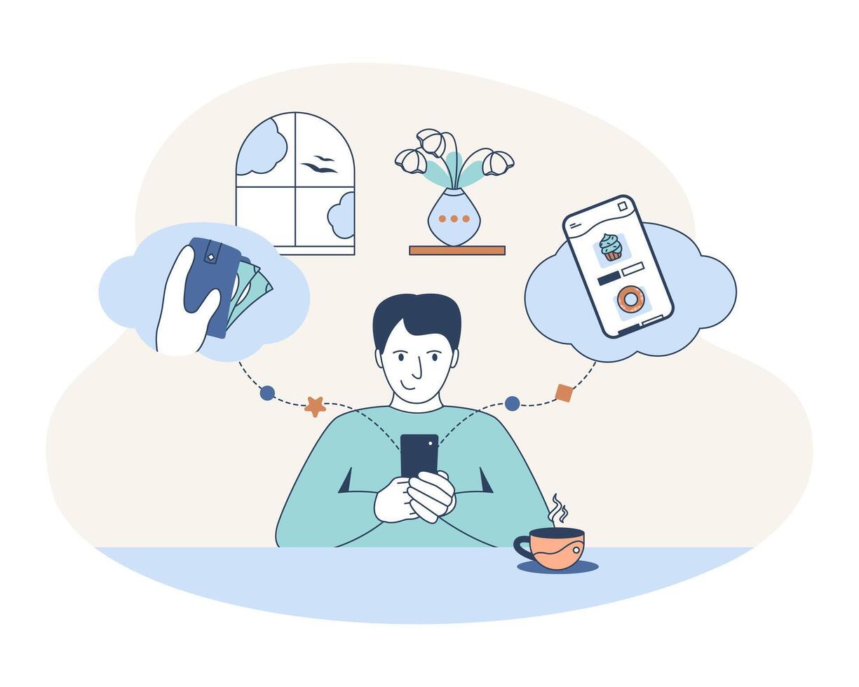 Man ordering things and making payment online. Young people doing online shopping vector