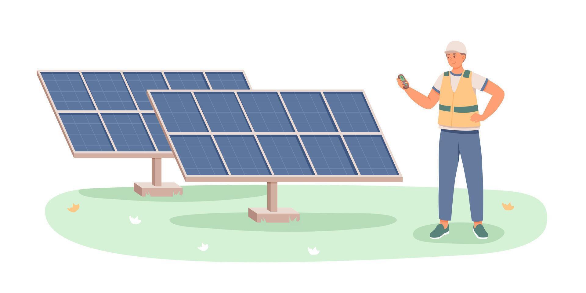 Male in uniform controlling process of installing solar panels vector