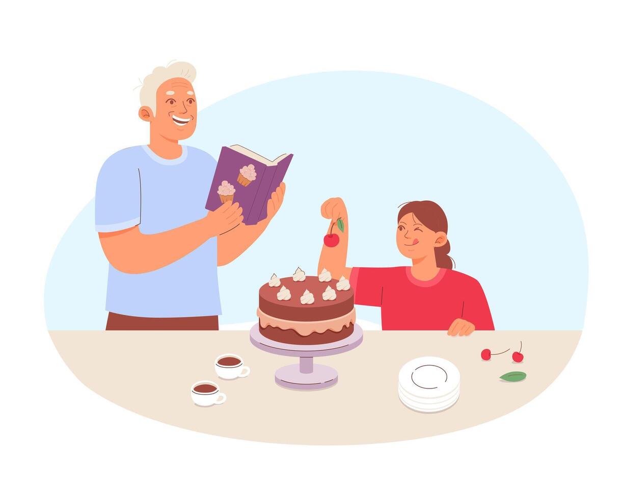 Families cooking in kitchen. Cheerful father and daughter making cake vector