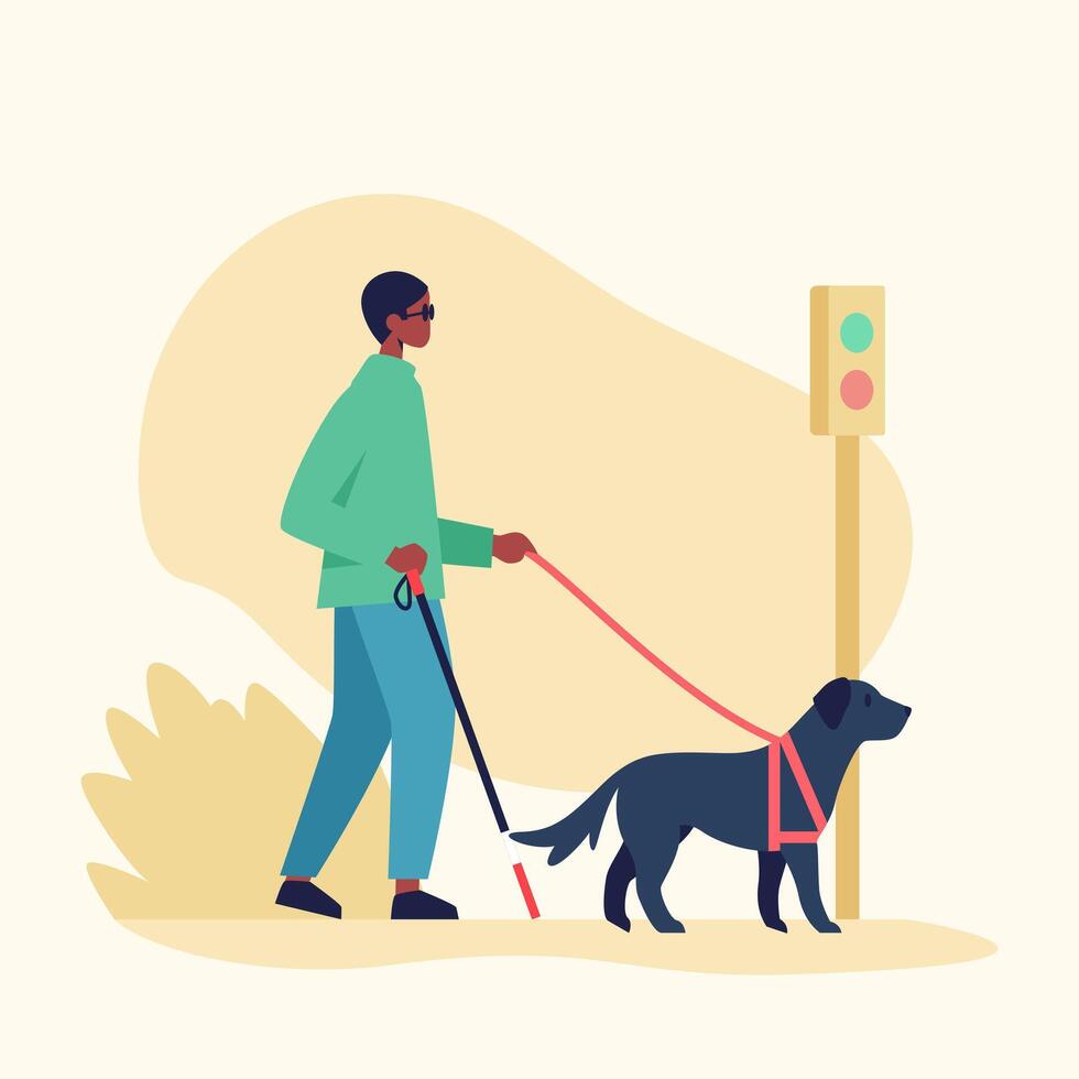 Blind man holding dog leash and walking. Human with special needs actively spend free time vector