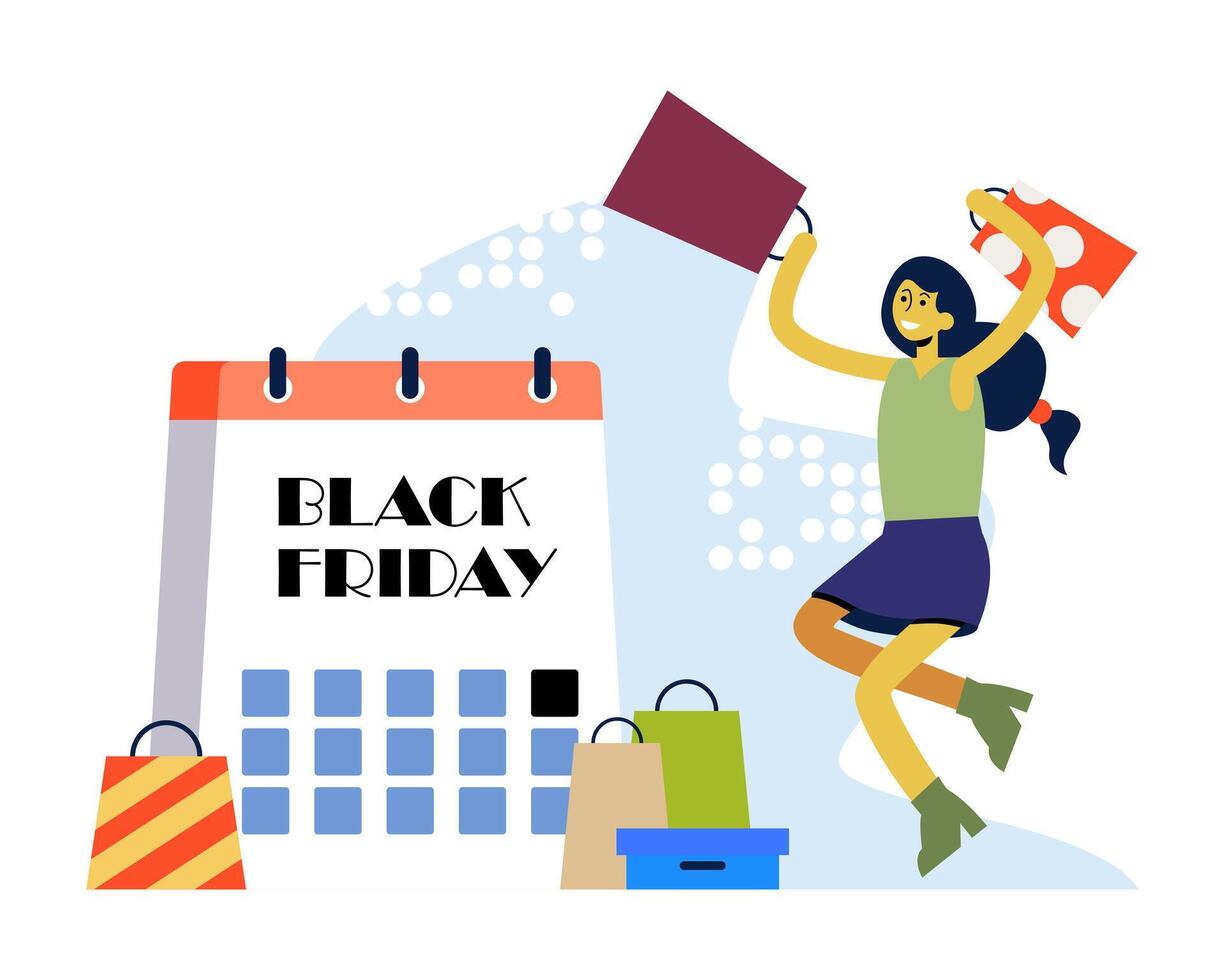 Happy female holding shopping bags and jumping. Happy shopping vector