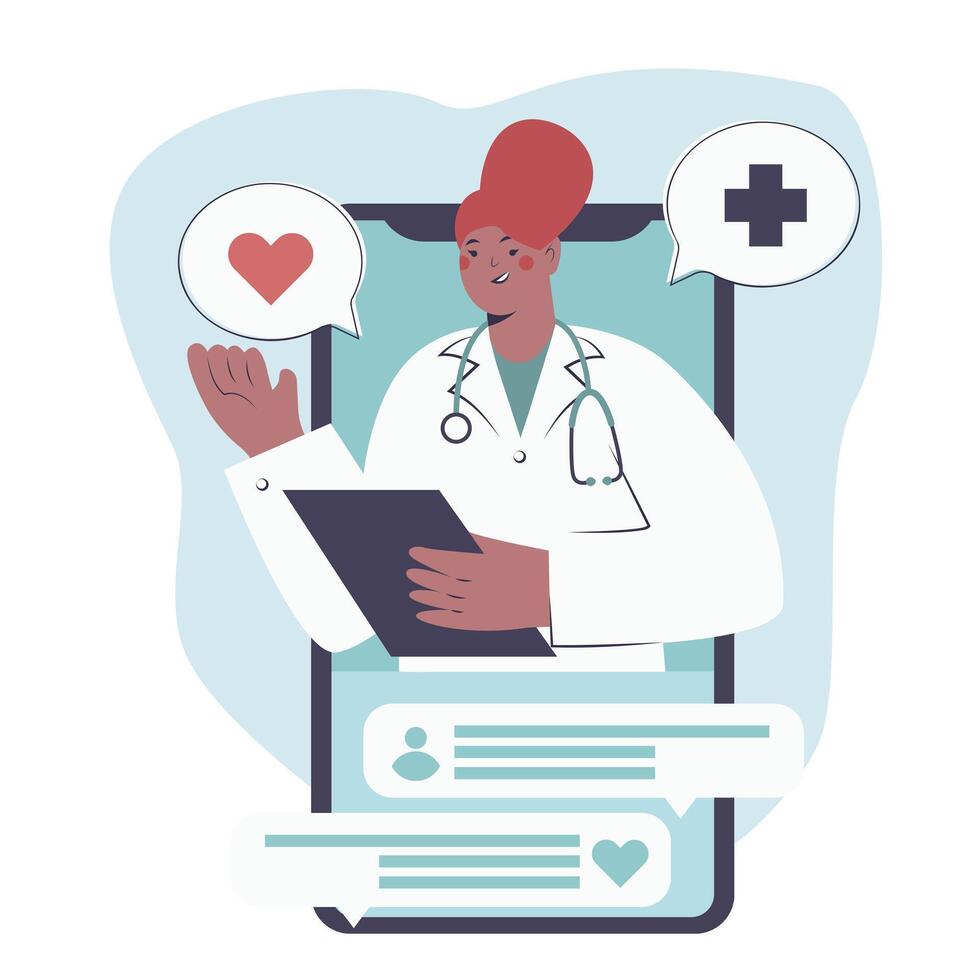 Virtual medical worker happy to help people. Quick and easy way to receive medical advice vector