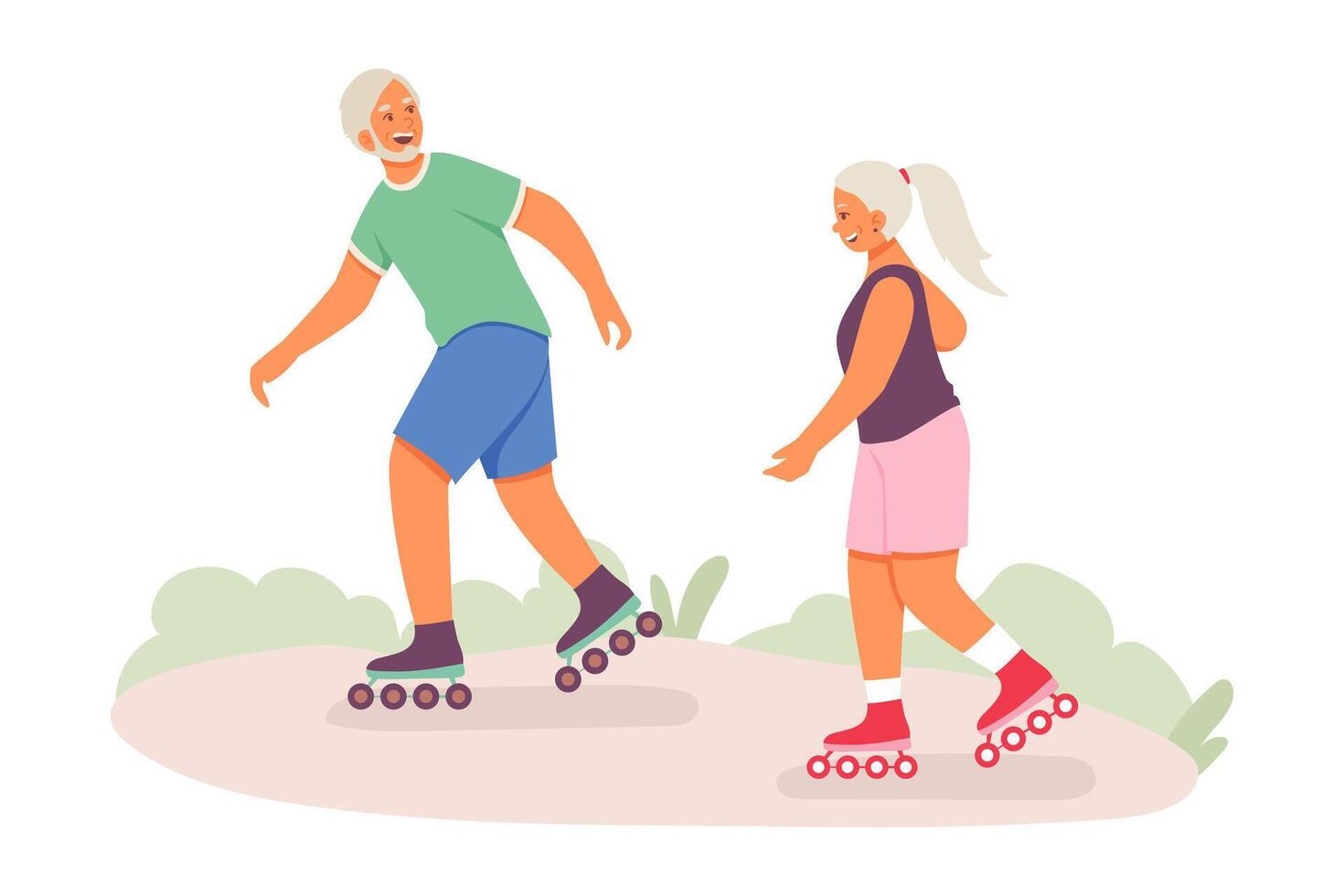 Sporty old woman and male rollerblading outside. Senior woman and man actively involved in sports vector
