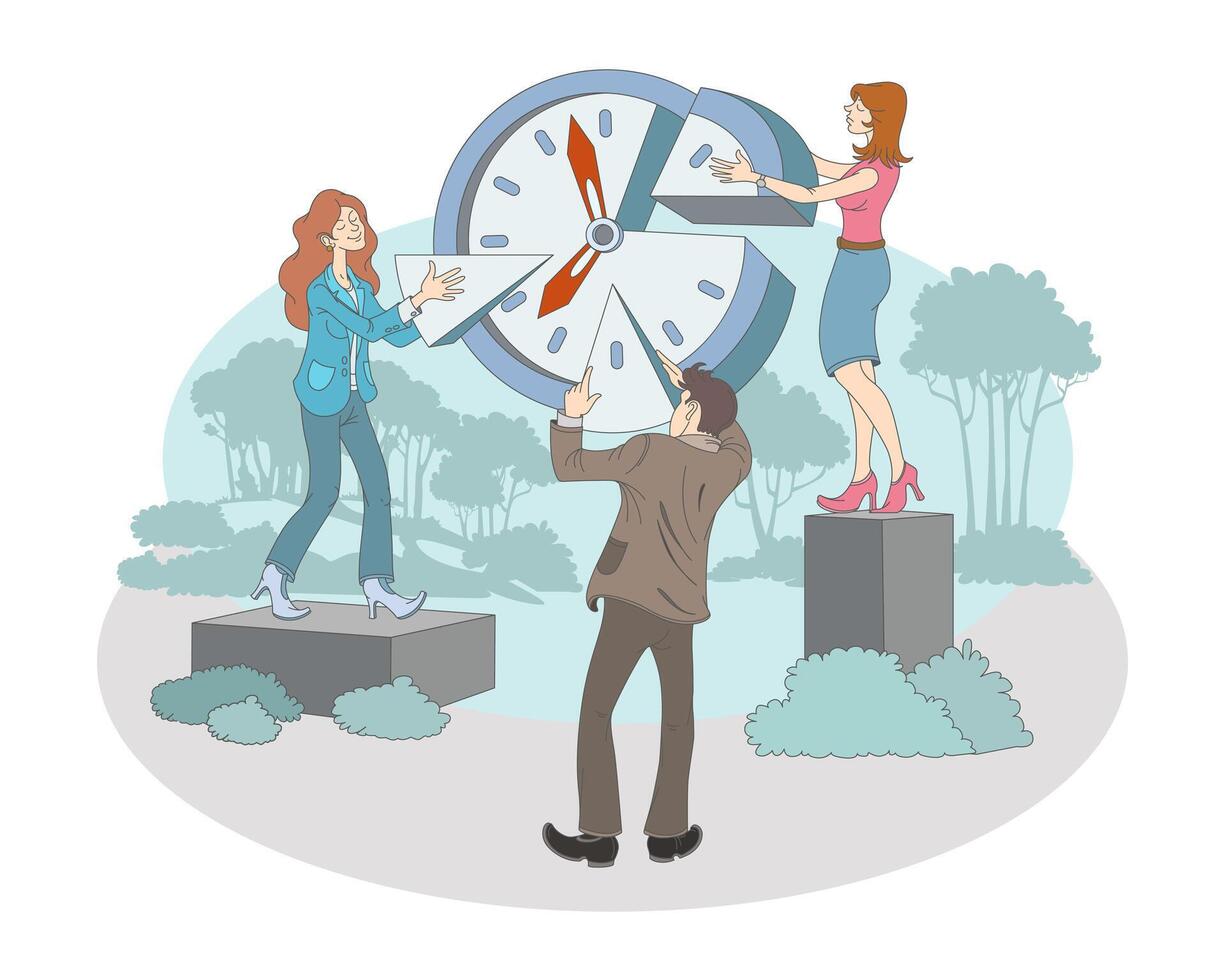 Women and male holding clock and share time among themselves vector