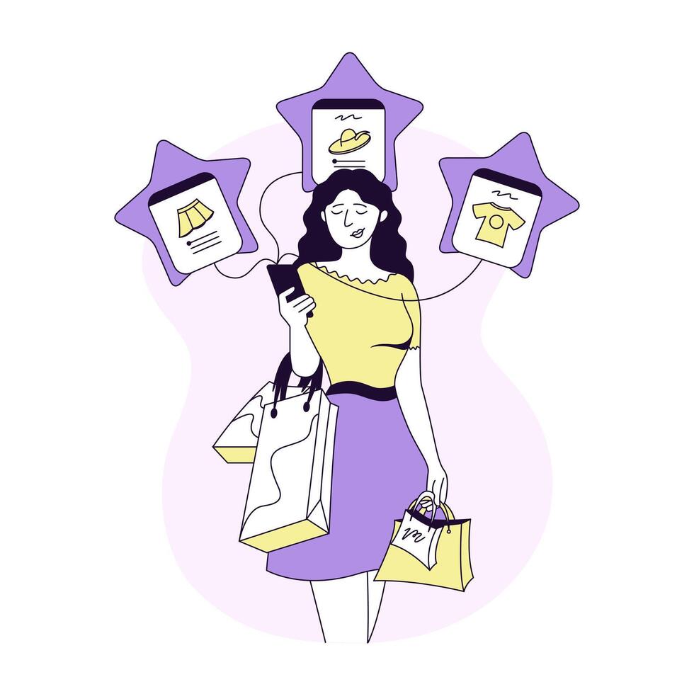 Woman holding mobile phone and selecting clothes in application vector