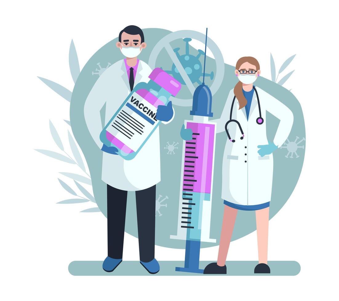 Female and male doctors standing near big syringe and jar with vaccine vector