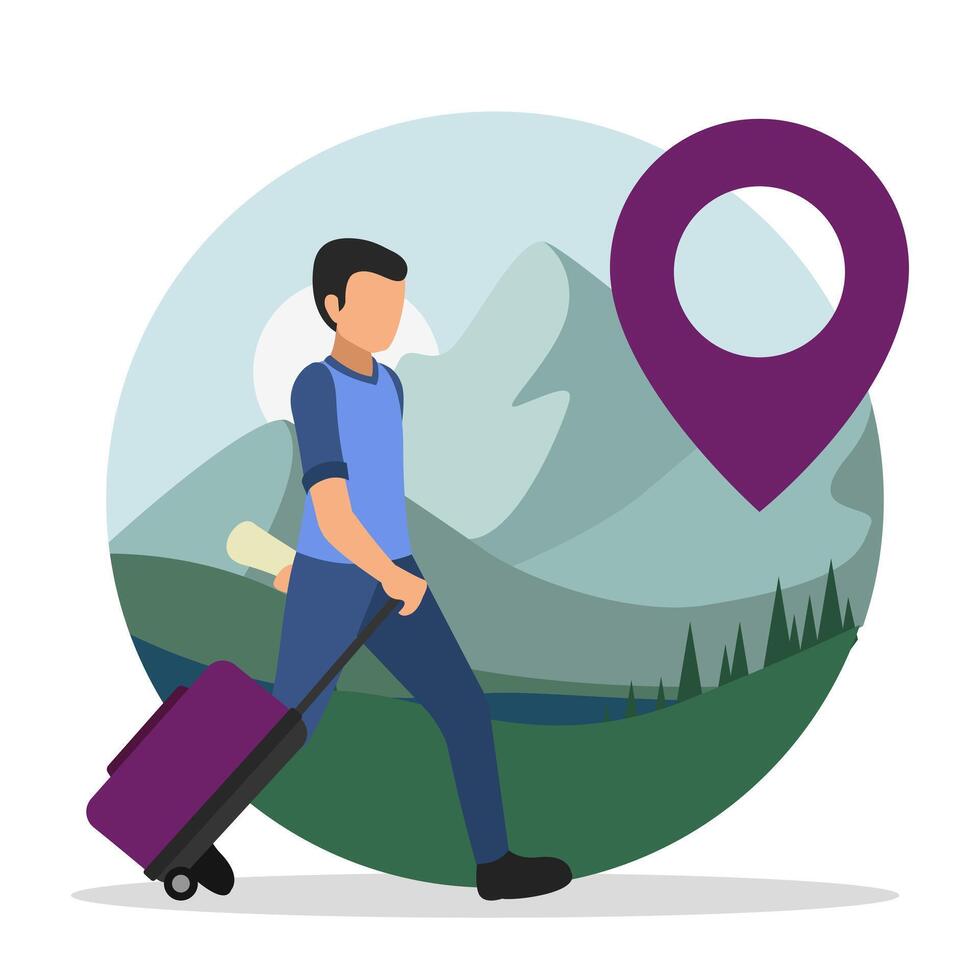 Man walking with trolley bag in mountains. Travel and tourism concept vector