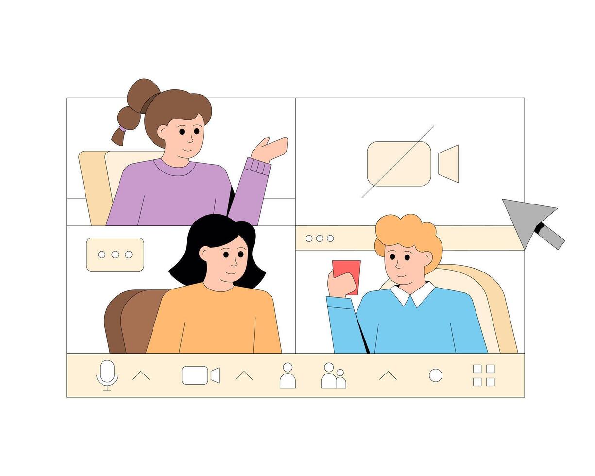 Colleagues communicating during video call, using gadgets. Friendly communication concept vector